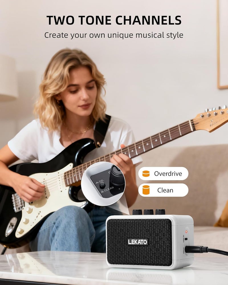 LEKATO Mini Guitar Amplifier AG-04, Dual Speakers 5W, Rechargeable Electric Guitar Amp Bluetooth with Clean Overdrive, 6H Working, Headphone Jack, Wireless Portable Small Amp for Practice (White) - Image 2
